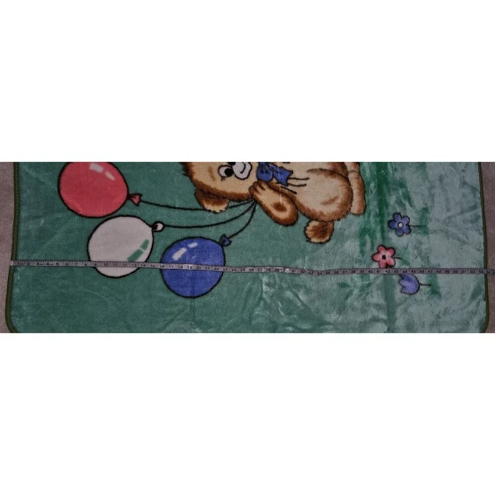 Green Teddy Bear Blanket Balloons Brown Puppy Dog Blue Red Flowers Butterflies